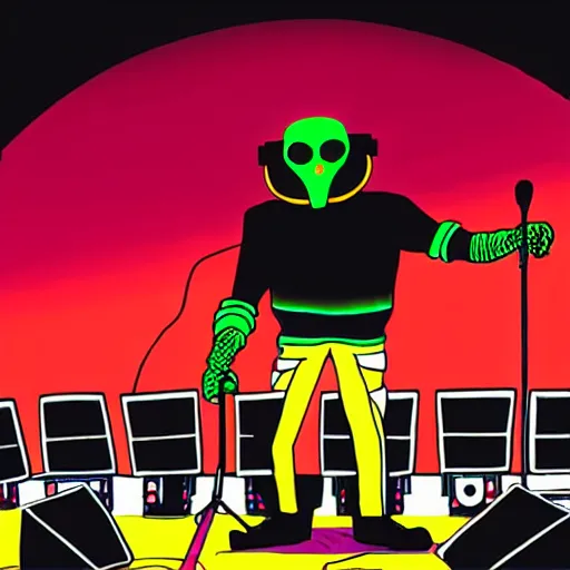 Image similar to cartoon mf doom on a stage with a full band behind him