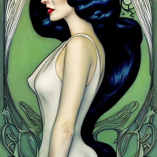 Image similar to a streamline moderne, art nouveau, multi - racial portrait of eva green in the style of charlie bowater, and in the style of donato giancola, and in the style of charles dulac. symmetry, ultrasharp focus, intricate symmetrical ultrafine streamline moderne background detail.