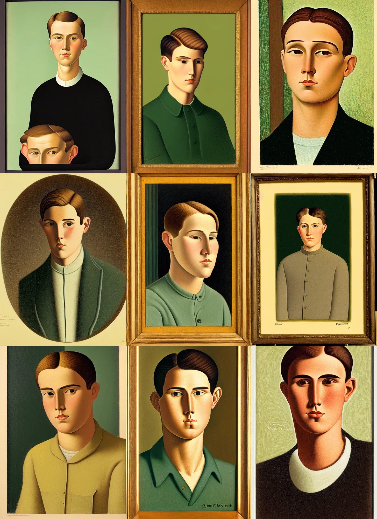 Prompt: portrait of a young man, illustrated by grant wood, june mendoza