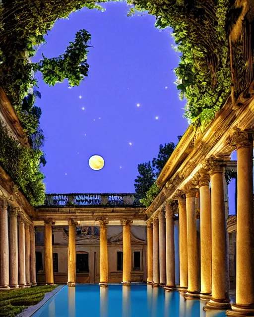 Prompt: photo of beautiful rococo courtyard under moonlight, large glowing moon, pool with rippling reflections, weeping willows and flowers, hellenistic sculptures and grand roman columns, romantic, archdaily,