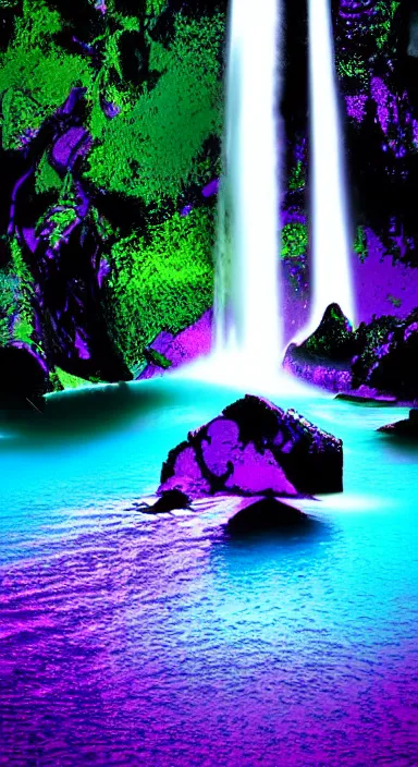 Image similar to purple planet with waterfall pixel artwork, digital art, award winning