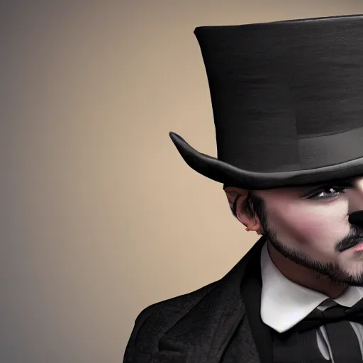 Image similar to a highly detailed portrait of a man in a high top hat covering his face, in a black tailcoat with a yellow waistcoat under the tailcoat, artstation, deviantart, professional, unreal engine 5, photorealistic