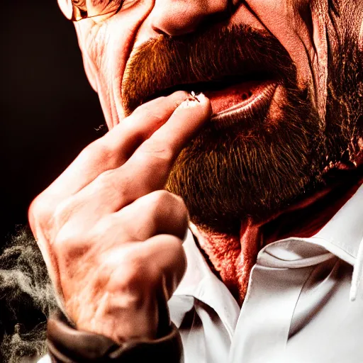 Image similar to angry walter white wiping blood off his mouth, extreme detail, studio light, photorealistic, gritty, movie still, cinematic, smoke, soft focus, well edited, 8 k, atmospheric, dark, leather jacket