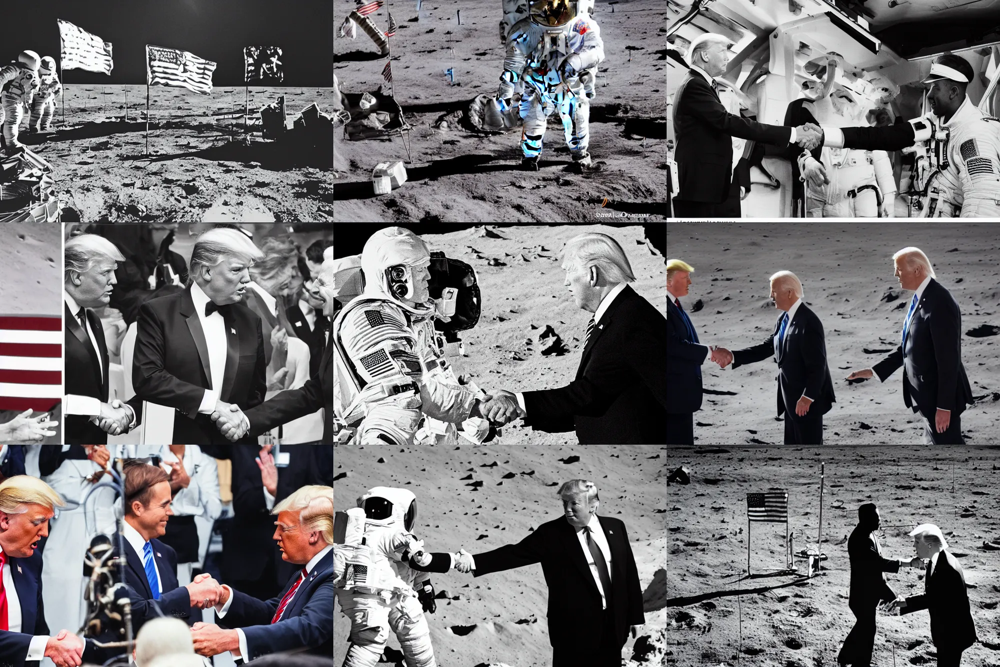 Prompt: lens camera photo cinematic portrait donald trump shaking hands with joe biden on the moon, award winning