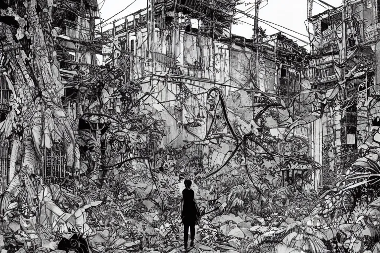 Image similar to on the street of abandoned town 2 people huddled together with spiny giant plants bursting through them, surreal, very coherent, intricate design, painting by Laurie Greasley, part by Yoji Shinkawa, part by Norman Rockwell