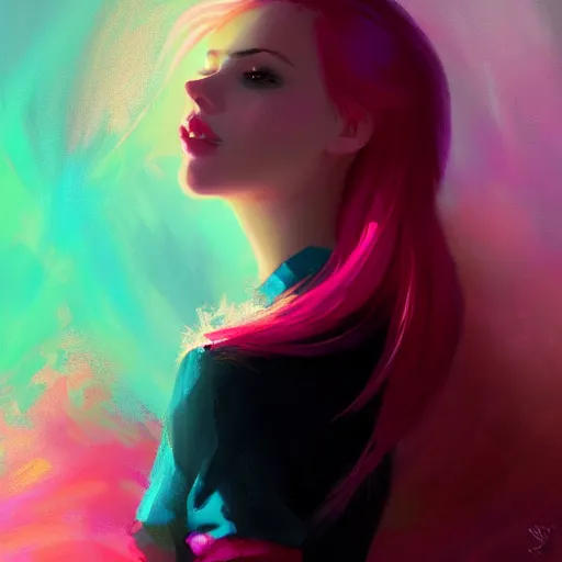 Image similar to colorful and festive captivating teenager girl with pink hair, cyan top crop, black skirt, black leggings, cute look. rich vivid colors, ambient lighting, dynamic lighting, 4 k, atmospheric lighting, painted, intricate, highly detailed by charlie bowater