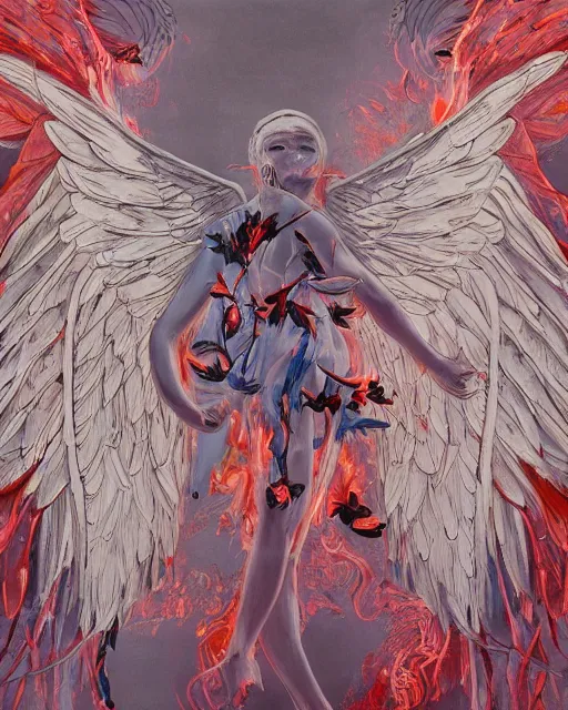 Image similar to an artwork by James Jean of an angel burning it wings. Art, highly detailed 4K