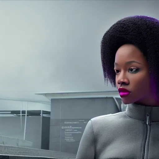 Image similar to black woman, hairstyle = short bob!!!, hair colour = light grey!!!, eyes = purple, wearing dark green bomber jacket, realistic 4 k octane beautifully detailed render, 4 k post - processing, highly detailed, intricate complexity, epic composition, magical atmosphere, cinematic lighting, masterpiece, ultra hd