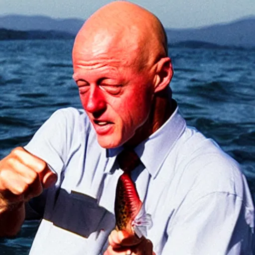 Prompt: bald bill clinton punching a trout