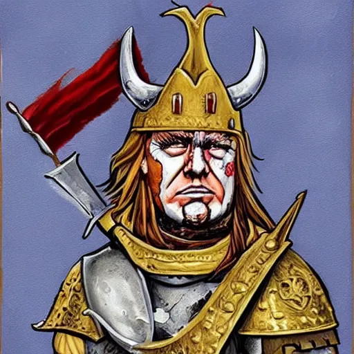 Prompt: trump as a viking, crusader times, bloody, epic painting