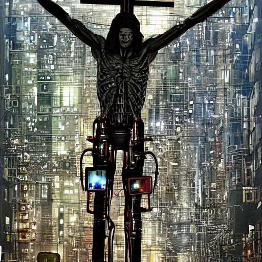 Prompt: a man crucified on a cybernetic sci - fi cross, full of computer elements and cables, symbolic, intricate, hyperdetailed, religious, painting, cyberpunk