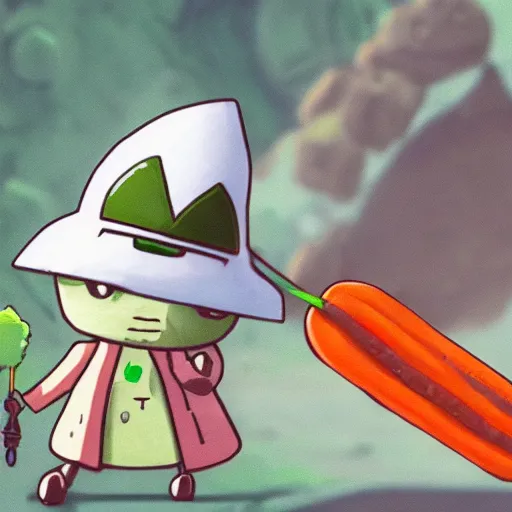 Image similar to little robot with big avocado hat and a carrot sword, made in abyss style