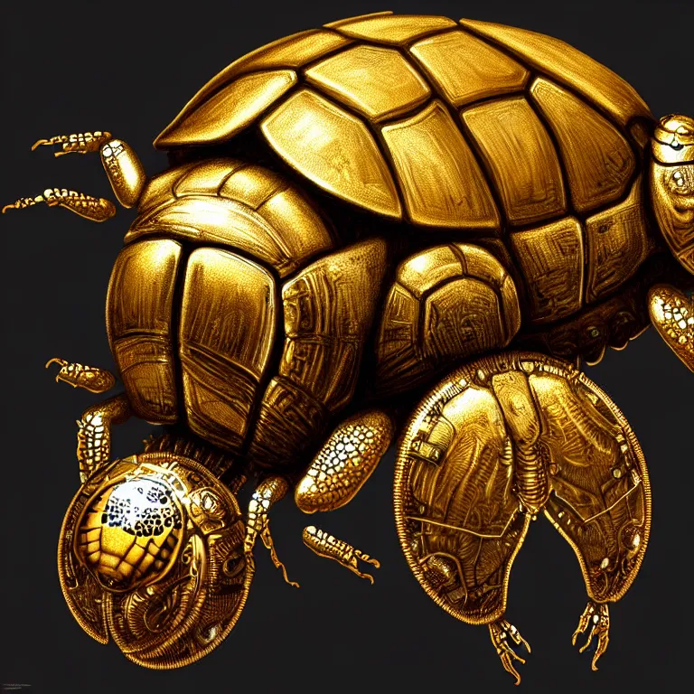 Prompt: steampunk golden tortoise beetle, biomechanical, very coherent symmetrical artwork, cinematic, 3 d model, unreal engine realistic render, 8 k, micro detail, intricate, elegant, highly detailed, centered, digital painting, smooth, sharp focus, illustration, artgerm, tomasz alen kopera, by wlop