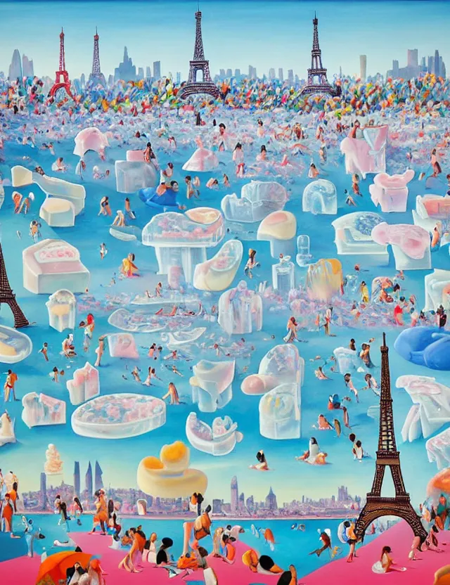 Image similar to a funny painting of ice sculptures made of icecream in the shape of the skyline of paris and eiffel tower on a very bright sunny summer day, very hot and the ice is melting fast and people are swimming their way through the icecream in the style of james jean and fernando botero