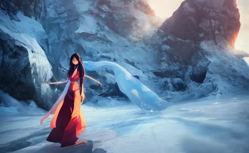 Image similar to Himalayan in an ice temple, beautiful flowing fabric, sunset, dramatic angle, dynamic pose, 8k hdr pixiv dslr photo by Makoto Shinkai ilya kuvshinov and Wojtek Fus