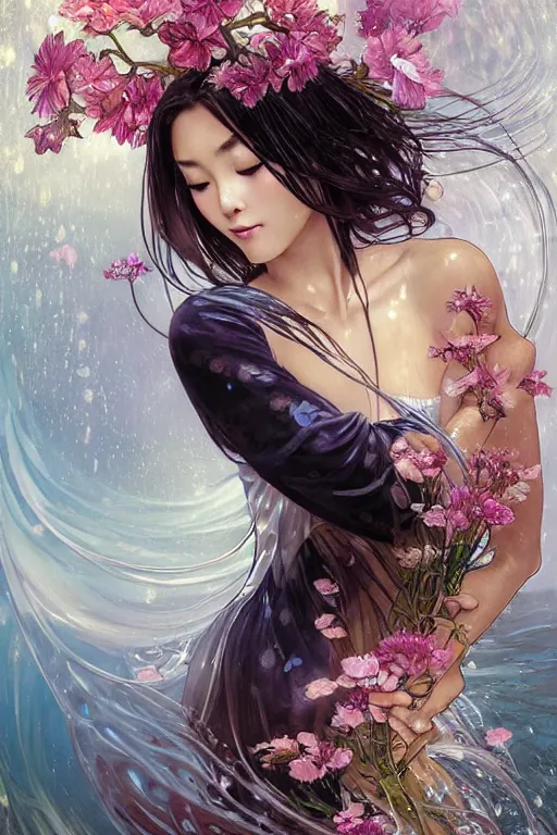 Image similar to portrait of a beautiful woman wearing a yukata, holding a bouquet of flowing flowers, drenched body, silver hair, wet dripping hair, emerging from the water, dark fantasy, regal, fractal crystal, fractal gems, by ross tran, stanley artgerm lau, thomas kindkade, alphonse mucha, loish, norman rockwell