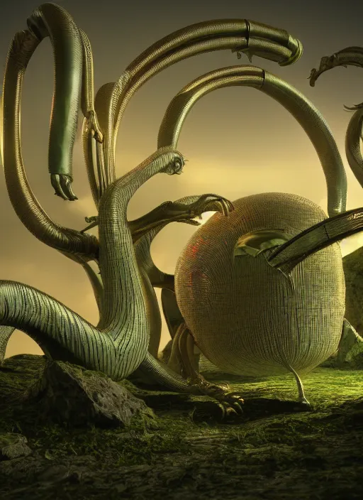 Image similar to early man cyber behemoth, golden rainbow tubing, basil wolverton, hr giger, filmic, octane render