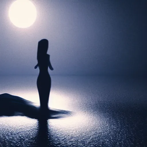 Prompt: film still of ominous ethereal female figure waiting in the depths of a dark ocean on a moonlit night, cinematography by Vadim Yusov