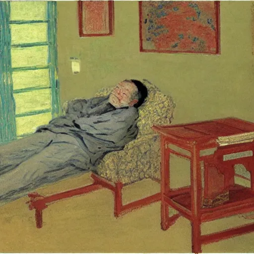 Image similar to japanese old man sleeping on arm chair in his living room by monet