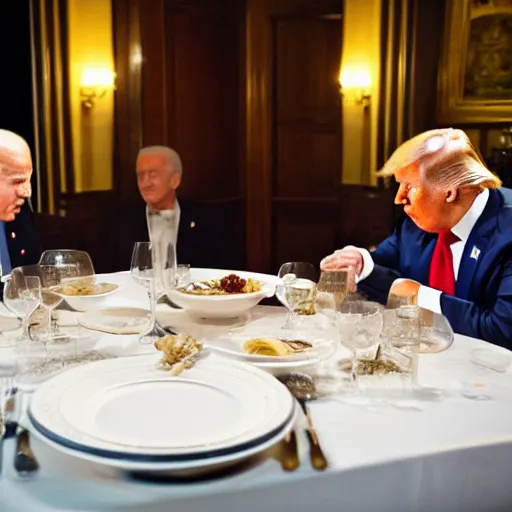 Image similar to Trump and Biden having dinner at a fancy Greek restaurant, award winning cinematic photography, 50 mm, blurred background, trending on Flickr