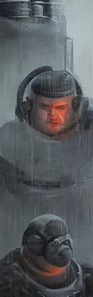 Image similar to portrait of a fat man sci fi soldier ranger, brutalist city architecture, dark epic, cables and wires, high details, ceremonial clouds, dripping paint, fibonacci rhythm, artstation, art germ, wlop, pablo dominguez, sabbas apterus, award - winning, artstation