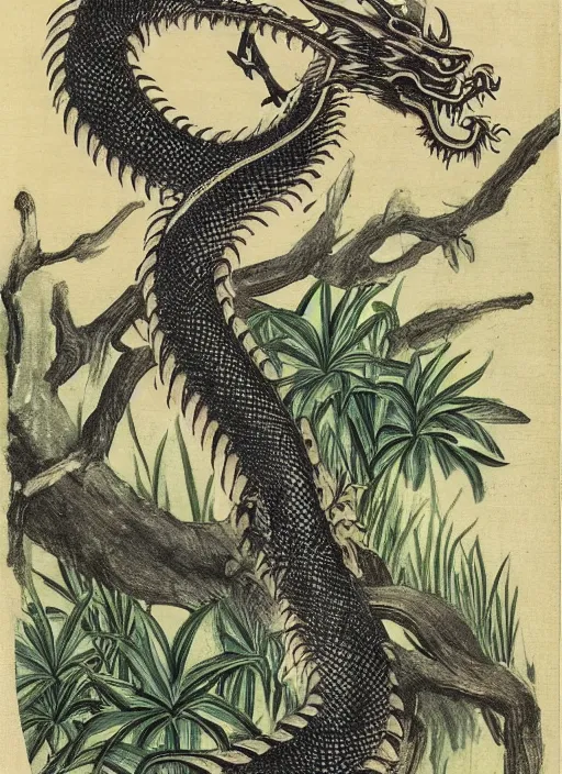 Image similar to vintage chinese dragon in a tropical forest, john james audubon, intaglio, sharp focus