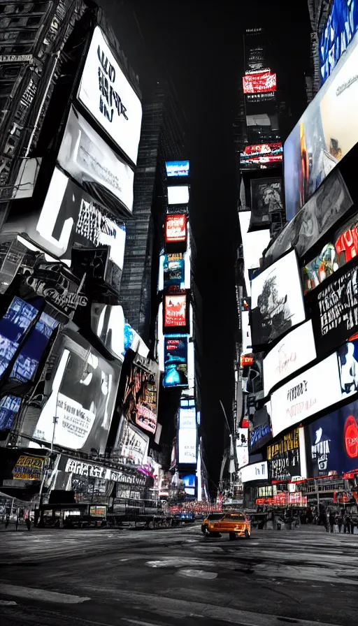 Image similar to 8k high resolution photograph of cyber punk New York Times Square on a foggy night, futuristic,