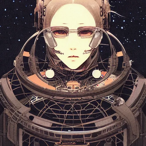 Image similar to a beautiful ukiyo painting of retrofuturistic space station, detailed symmetrical close up portrait, intricate complexity, by takato yamamoto, wlop, krenz cushart. cinematic dramatic atmosphere, sharp focus