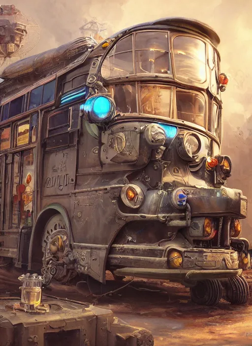 Image similar to high intricate painting bus lightyear, dieselpunk, full shot, neil gaiman, maria panfilova, andrea savchenko, mike kime, ludovic plouffe, qi sheng luo, oliver cook, julian calle, eddie mendoza, trending on artstation