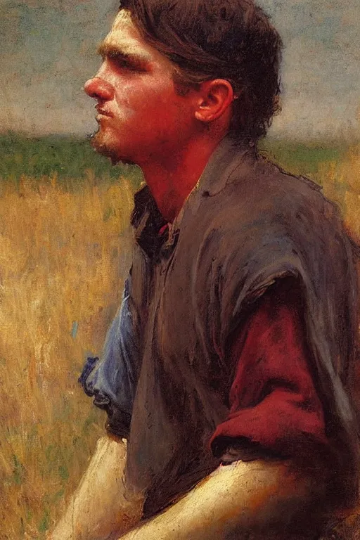 Image similar to Solomon Joseph Solomon and Richard Schmid and Jeremy Lipking victorian genre painting full length portrait painting of a young peasant working in the field, red background