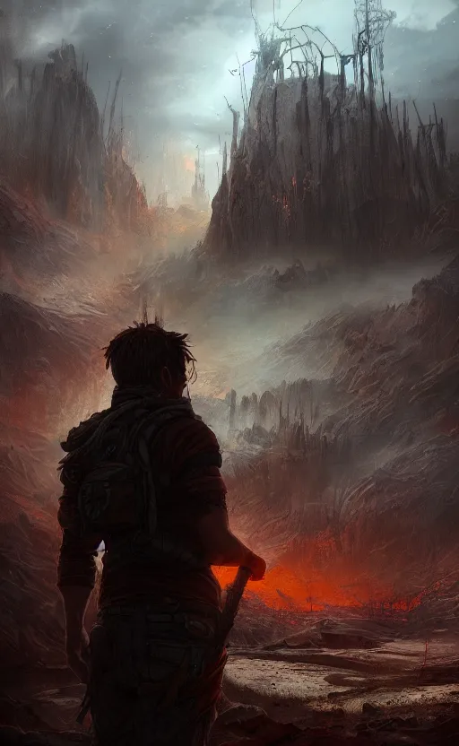Image similar to a giant looking at a post - apocalyptic landscape, from behind, cinematic lighting, ruined, flames, very detailed, intricate, digital painting by greg rutkowsky and artgerm, artstation, concept art