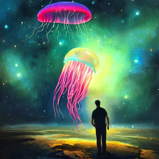 Image similar to over the shoulder painting of a man watching many magic glowing jellyfish in glowing cosmic stardust, colorful stars, galaxies, space, award winning photo, intricate, high detail, atmospheric, desolate, artstation