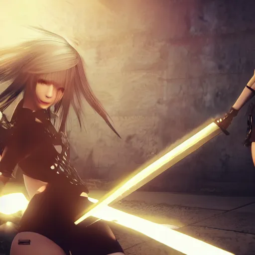 Image similar to realistic render of Nier Automata with katana, dramatic lighting, explosions in background, 4k