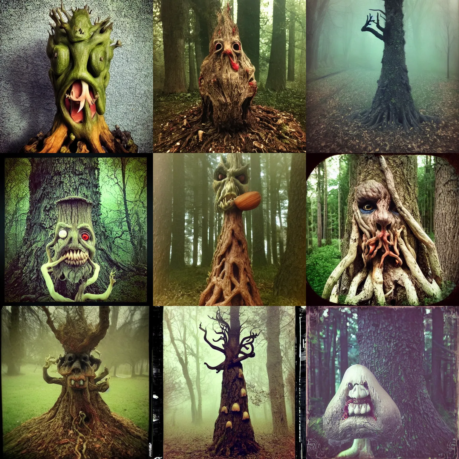 Prompt: angry hungry evil treebeard ent oak tree stuffing amanita mushrooms!!! 🍄 into his gaping maw, dark fantasy horror, ominous, disturbing tortured face made of wood, oak tree treant, foggy, eerie mist, low quality instant camera photo