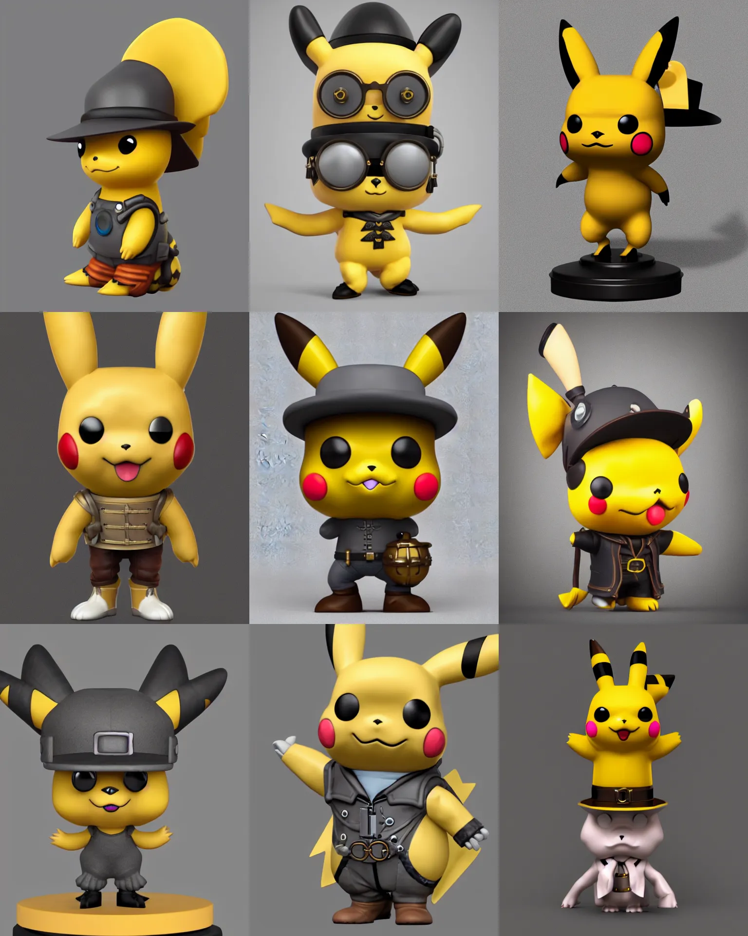 Prompt: full body 3 d render of steampunk pikachu as a funko pop!, studio lighting, grey background, single body, no shadow, blender, trending on artstation, 8 k, highly detailed