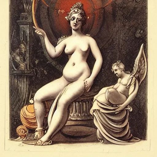 Prompt: The street art shows Venus seated on a crescent moon. She is surrounded by the goddesses Ceres and Bacchus, who are both holding cornucopias. patina, Hanna Barbera by Louis Icart, by Giovanni Battista Piranesi turbulent