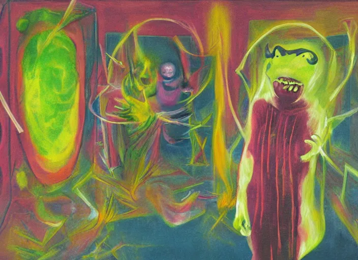 Prompt: ghost room, grotesque, doomed, acrylic paint, high resolution, weird art, gouache on canvas, vibrant colors, grotesque, wrapped thermal background, art francis bacon