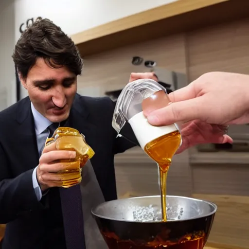 Image similar to pouring maple syrup over justin trudeau's head