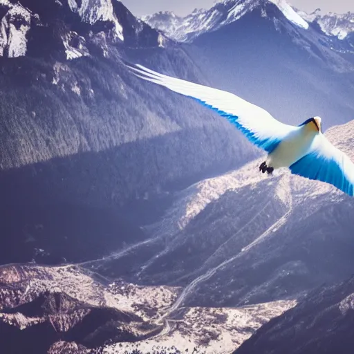 Image similar to blue bird flying over large mountains, photography, national geographic, hyper realistic, top down