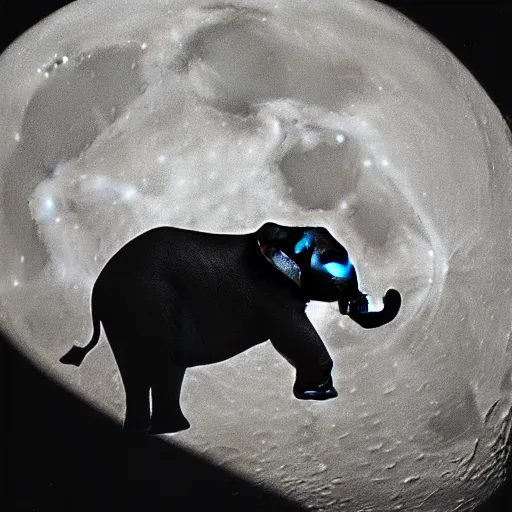 Image similar to extremely detailed black and white polaroid picture by john l. gaunt of a little elephant standing on the moon's surface