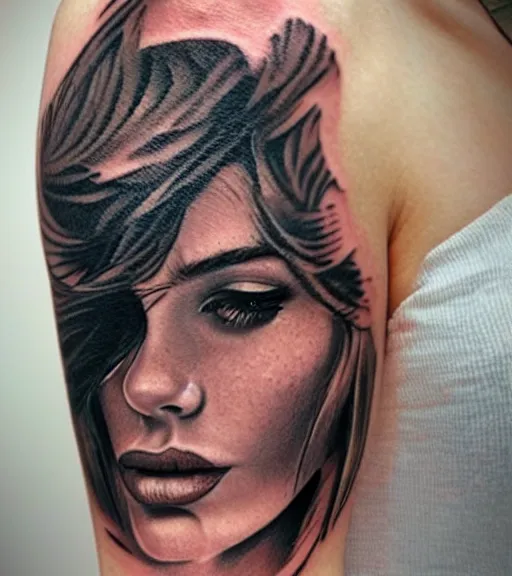 Image similar to tattoo design sketch of a beautiful woman face with a faded background of beautiful mountains and nature on her side, hyper - realistic, in the style of den yakovlev, amazing detail, black and white