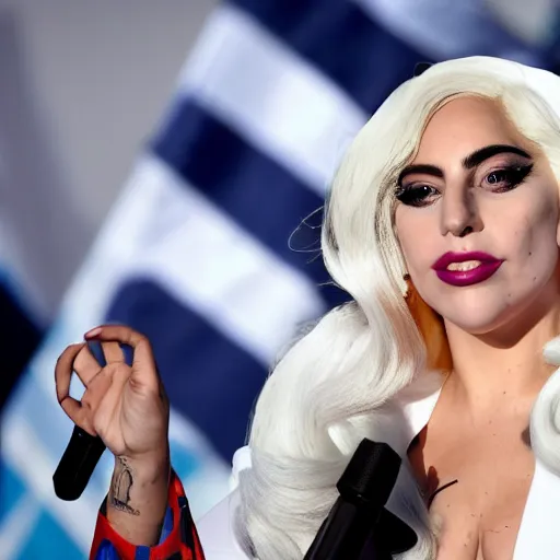 Image similar to Lady Gaga as president, Argentina presidential rally, Argentine flags behind, bokeh, giving a speech, detailed face, Argentina