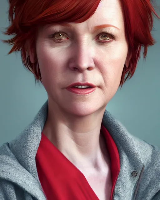 Prompt: portrait of happy short and plump 5 0 - year - old woman with red hair and, kind face, short hair, wearing in cardigan, hyper realistic face, beautiful eyes, character art, art by mark brooks, hyperdetailed, cryengine, trending on artstation, digital art