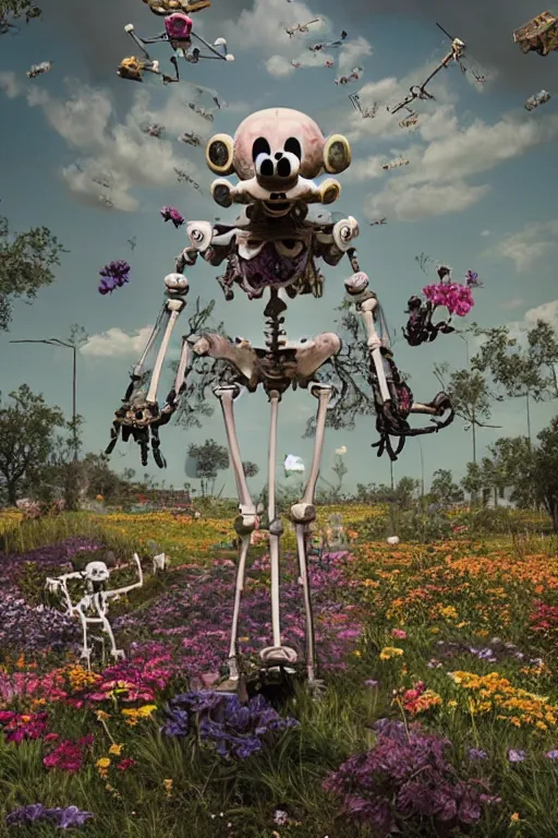 Prompt: a skeletal, mickey mouse made out of flowers and bones, walking with a robot, in the cyberpunk countryside, drones flying art by charlie immer, nychos and arcimboldo, cinematic lighting, highly detailed octane render by beeple