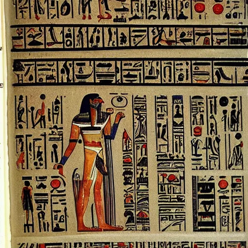 Prompt: page full of egyptian hieroglyphs describing magic spell