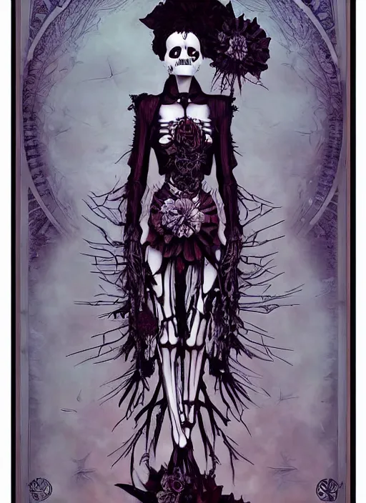 Image similar to cute punk goth fashion fractal skeleton girl posing by Zhang Jingna, poster art by Dan Mumford Kilian Eng Hannah Jeffrey Smith Rick Griffin Alphonse Mucha
