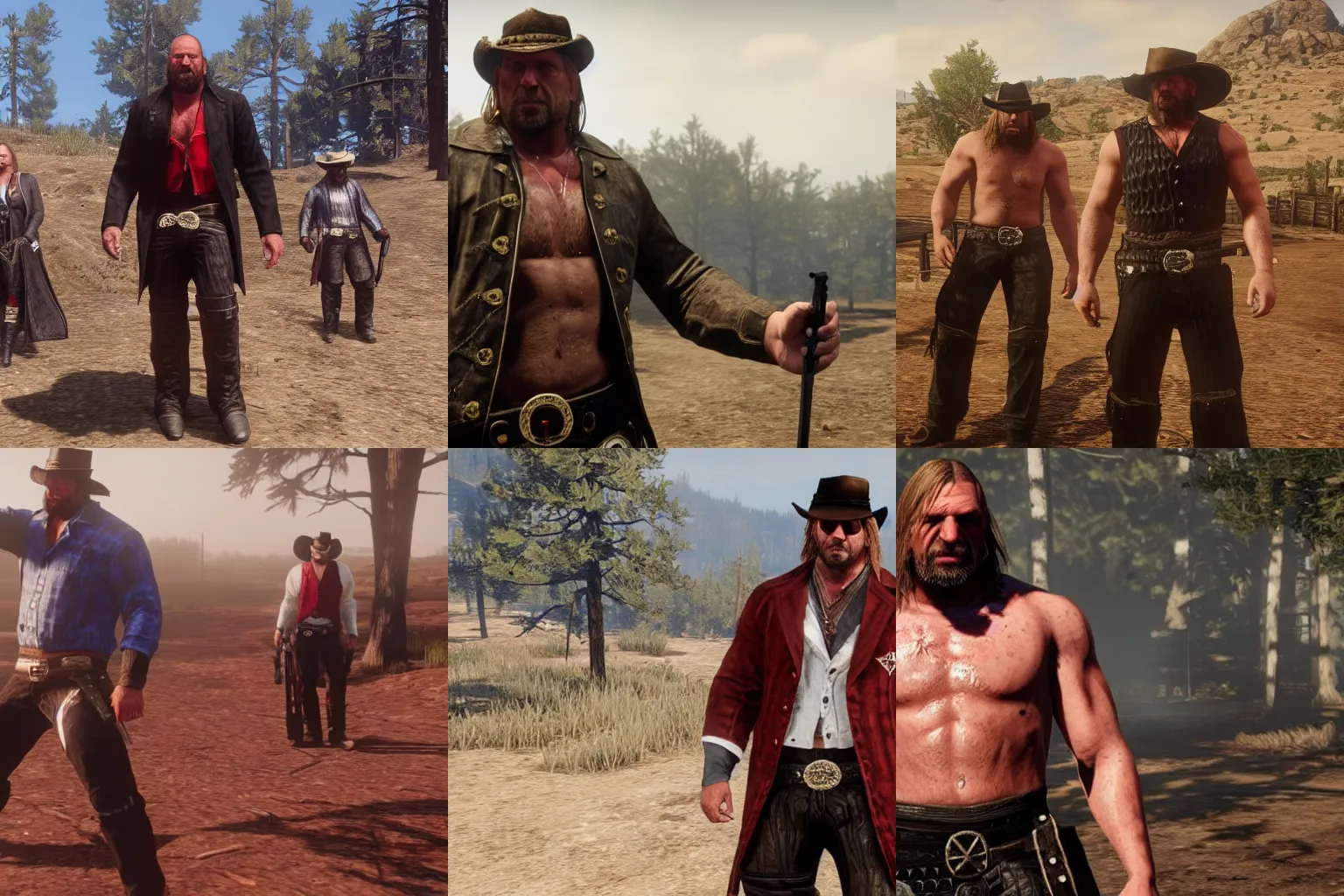 Prompt: Triple H in ring gear in red dead redemption 2