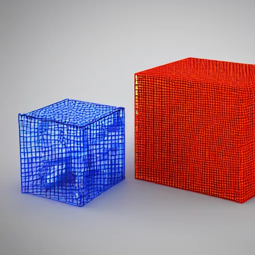 Prompt: cube made out of ( blue marbles ) and ( steel rods ), grid structure, octane render, studio photo