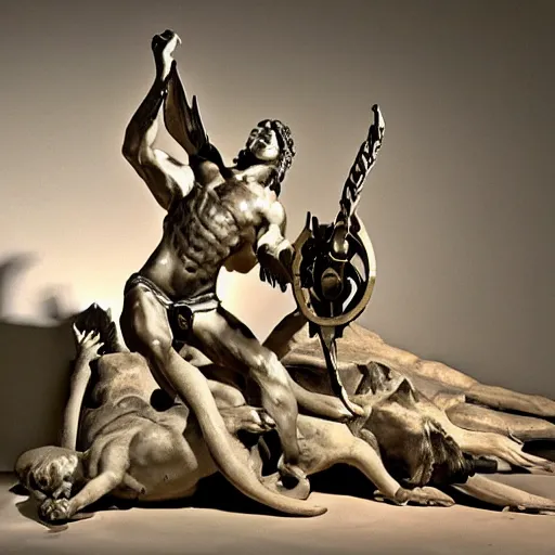 Prompt: The kinetic sculpture depicts the mythical hero Hercules in the moments after he has completed one of his twelve labors, the killing of the Hydra. Hercules is shown standing over the dead Hydra, his body covered in blood and his right hand still clutching the sword that slew the beast. His face is expressionless, betraying neither the exhaustion nor the triumph that must surely accompany such a feat. warm indigo by Serge Marshennikov, by Marco Mazzoni energetic