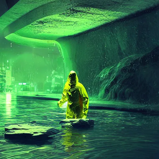 Image similar to a man in a yellow hazmat suit pours glowing green liquid into a magical river, photorealistic painting, concept art, rendering, octane, redshift, cinematic composition, volumetric lighting